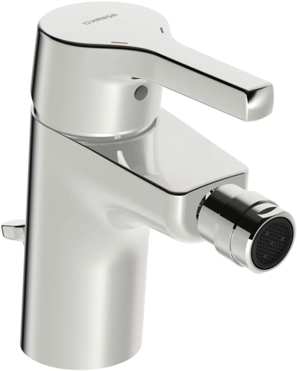 Einhebelmischer für Bidet in Chrom mit seitlichem Hebel. Hersteller HANSA. Auslauf mit integriertem Luftsprudler für gleichmäßigen Wasserfluss.